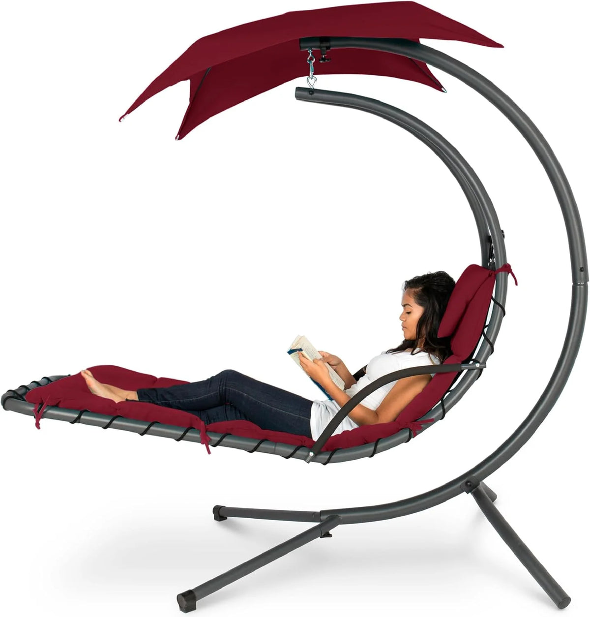 Best Choice Products Outdoor Hanging Curved Steel Chaise Lounge Chair Swing w/Built-in Pillow and Removable Canopy - Charcoal Gray