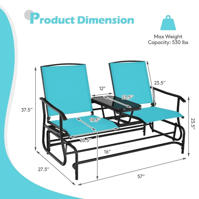 2 Person Outdoor Bench Glider Chair With Center Table Mesh Fabric Rocking Loveseat For Patio - Comfortable And Ergonomic Design