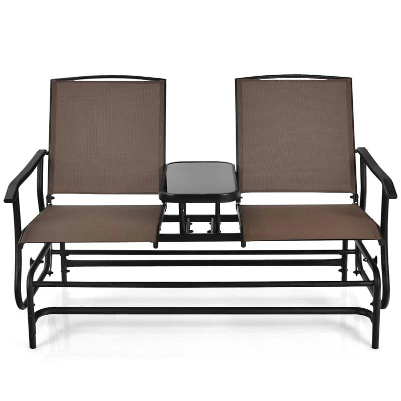 2 Person Outdoor Bench Glider Chair With Center Table Mesh Fabric Rocking Loveseat For Patio - Comfortable And Ergonomic Design