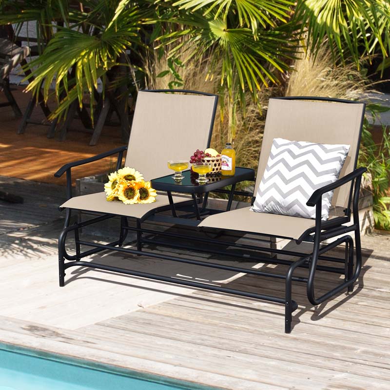 2 Person Outdoor Bench Glider Chair With Center Table Mesh Fabric Rocking Loveseat For Patio - Comfortable And Ergonomic Design