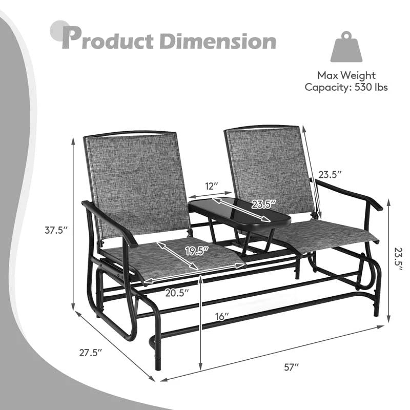 2 Person Outdoor Bench Glider Chair With Center Table Mesh Fabric Rocking Loveseat For Patio - Comfortable And Ergonomic Design
